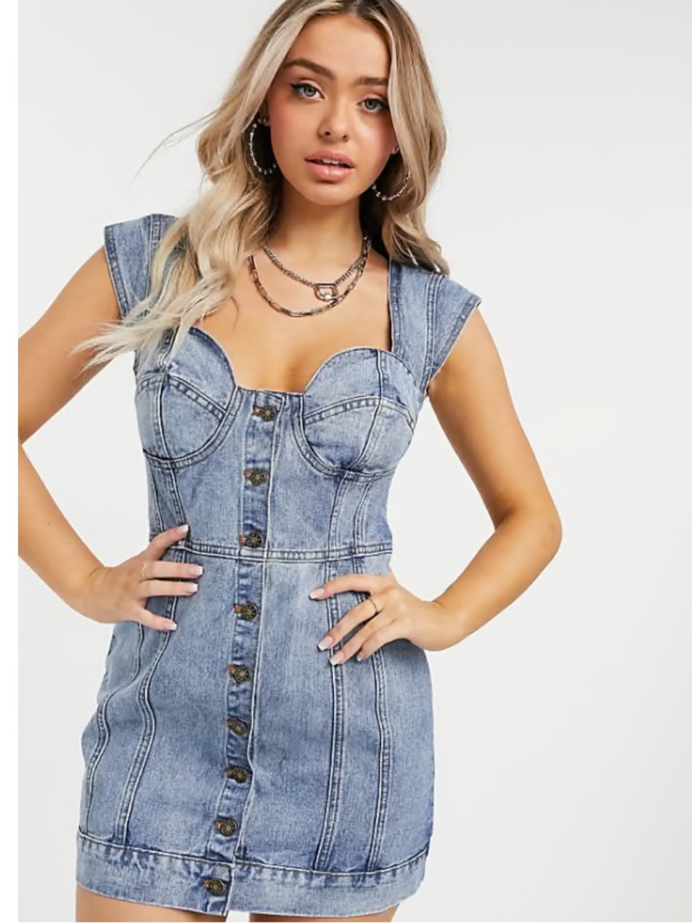 Lioness Light Blue Washed Denim Button-Front Mini Dress
